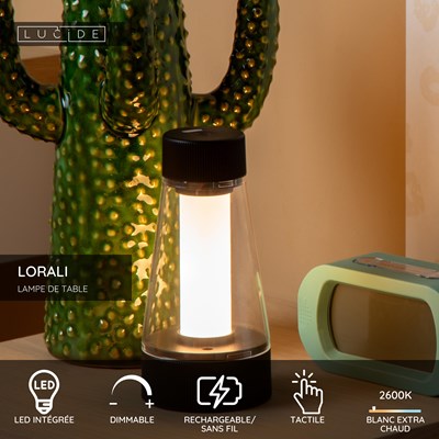 Lucide LORALI - Lampe de table Rechargeable Intérieur/Extérieur - Batterie/Piles - Ø 7,7 cm - LED Dim. - 1x1,2W 2600K/3000K - IP44 - Noir